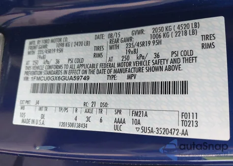 2016 Ford Escape Se from USA, damaged, VIN 1FMCU0GX6GUA59749